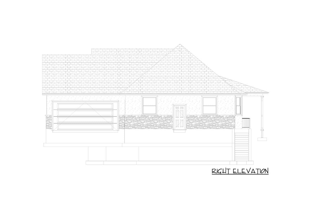 Right elevation of a house plan showing a multi-story roofline, garage door, windows, entry door, and porch.