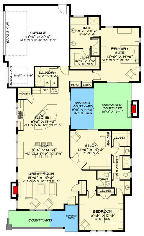 Plan 520035RKY: Modern House Plan with Courtyard, Open-Concept Living and Split Bedrooms - Floor Plan - Main Level - Contemporary, Modern