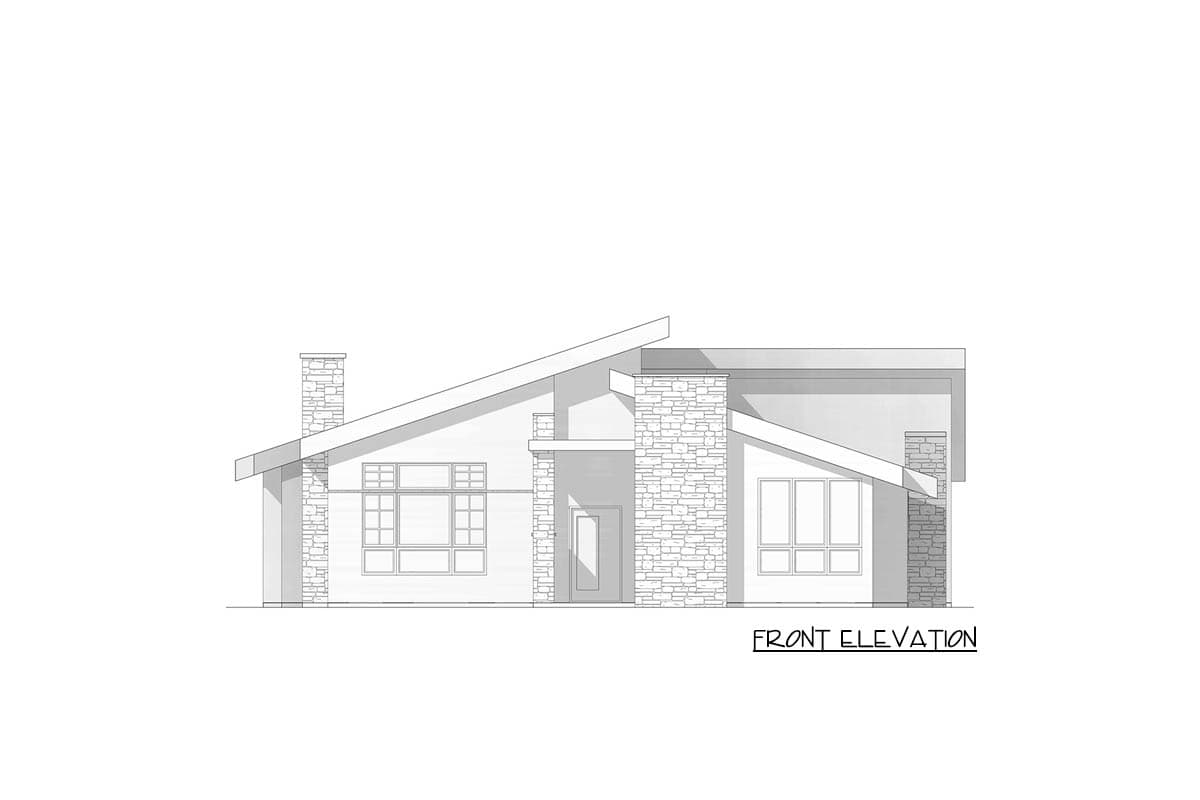 Front elevation of a single-story house plan with a modern style, stone accents, prominent chimney, and asymmetrical rooflines.