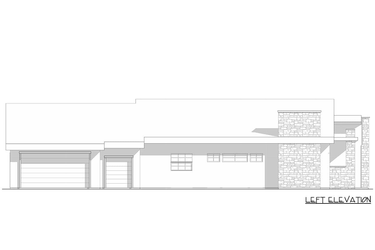 Left elevation of a house plan showing a two-car garage, multiple windows, and stone accents on pillars.