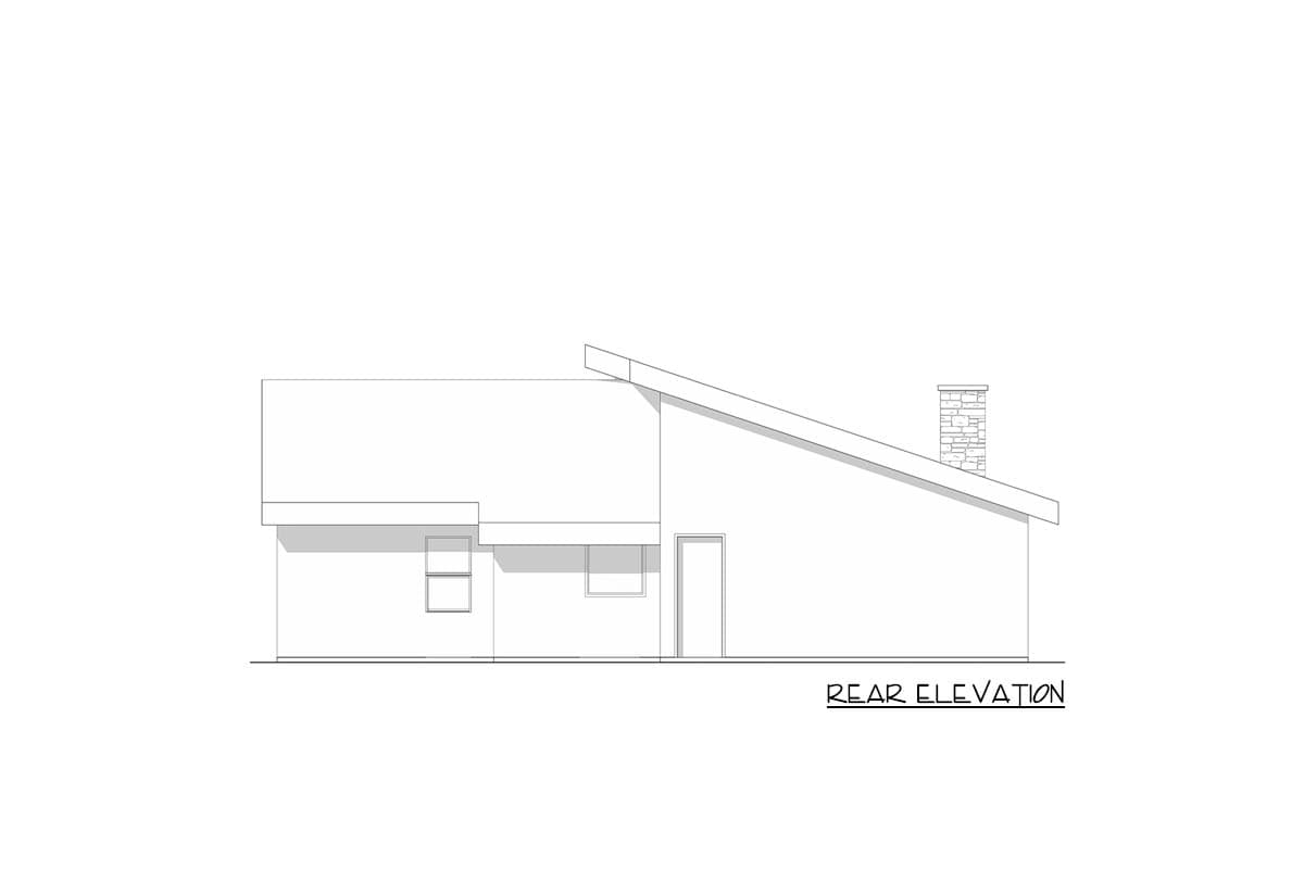 Rear elevation of a house plan showing a single-story structure with a shed roof, two windows, a door, and a stone chimney.