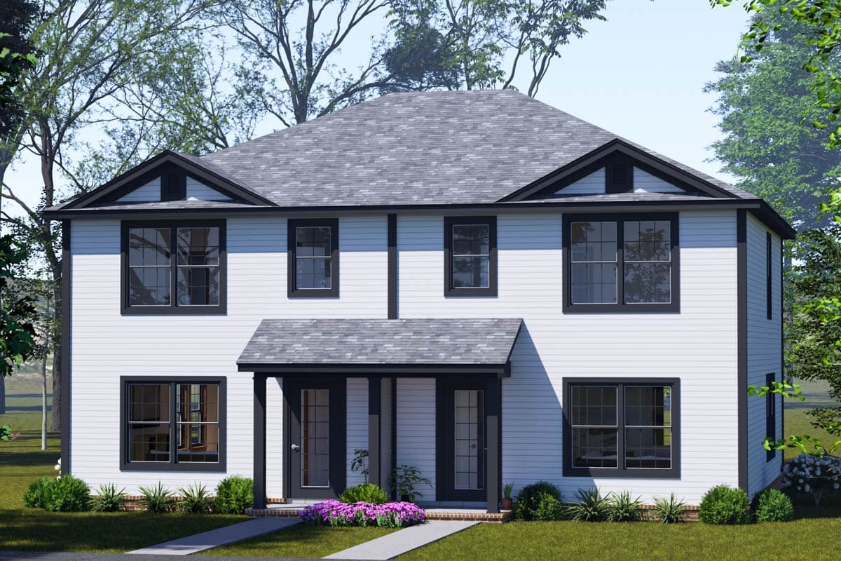 House plan exterior. Two-story Colonial with a front porch, gabled roof, and multiple window arrangements. Features dark trim and black window frames.