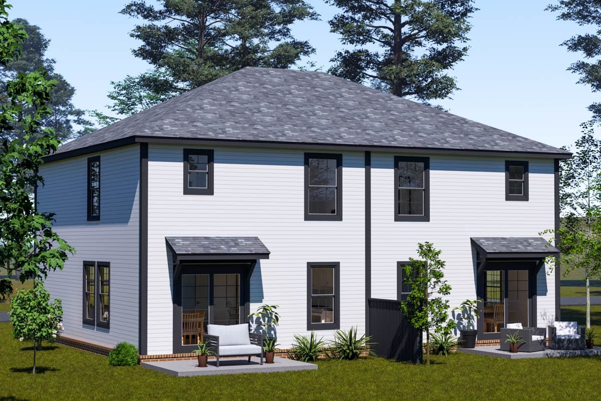 Two-story house plan exterior with white siding, dark-trimmed windows, and two covered patio areas.