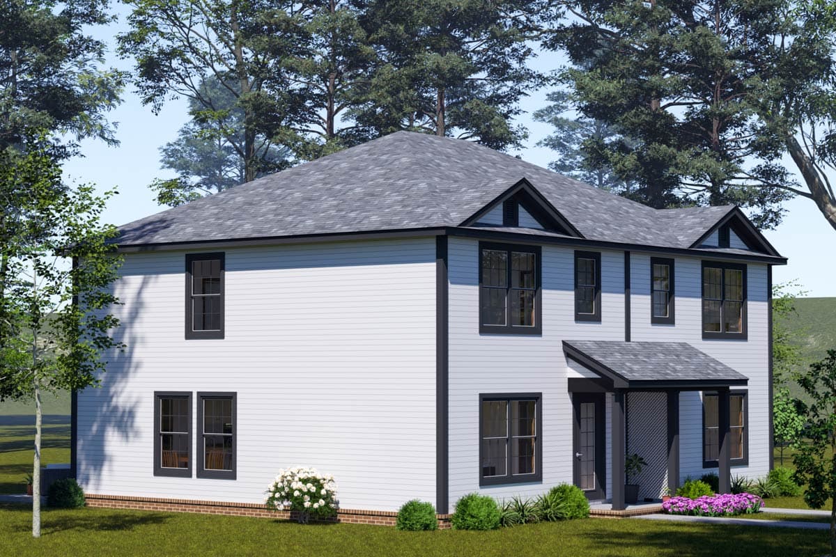 Two-story house plan exterior with gabled dormers, a covered entryway, and double-hung windows.
