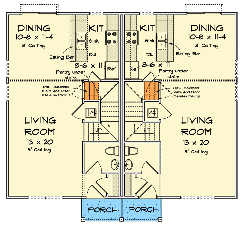 Plan 52472WM: New American House Duplex House Plan with Split Bedrooms - Floor Plan - Main Level - New American, Traditional