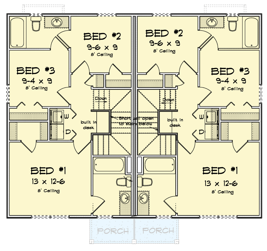 Plan 52472WM: New American House Duplex House Plan with Split Bedrooms - Floor Plan - 2nd Floor - New American, Traditional