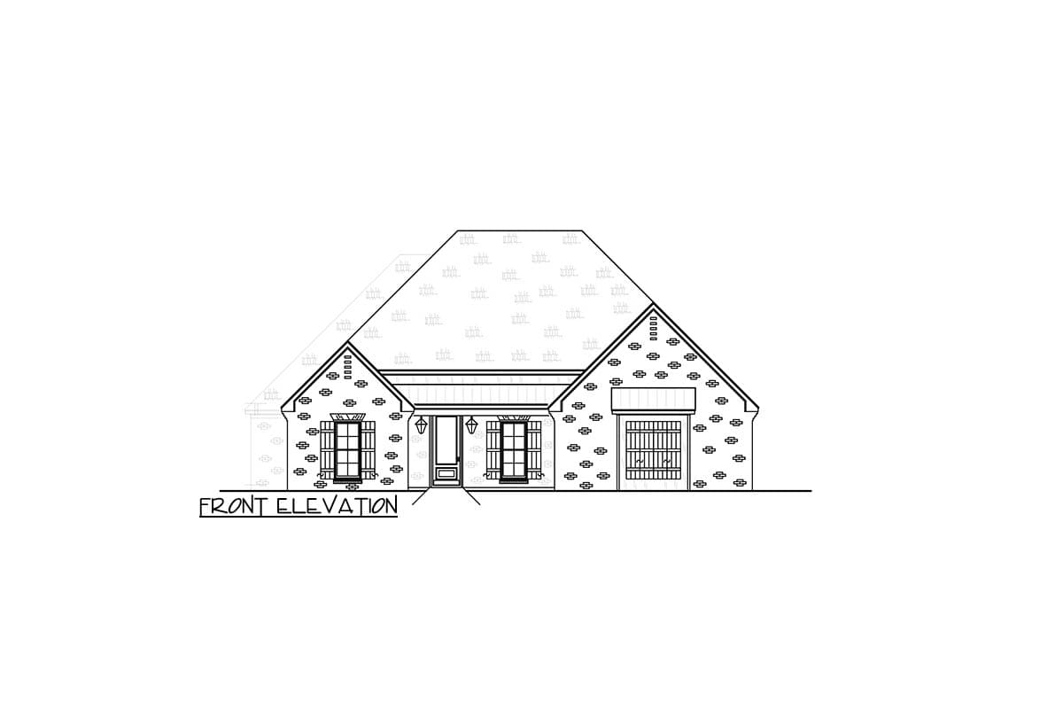 Front elevation drawing of a one-story house plan with a pitched roof, gables, covered porch, and side-entry garage.