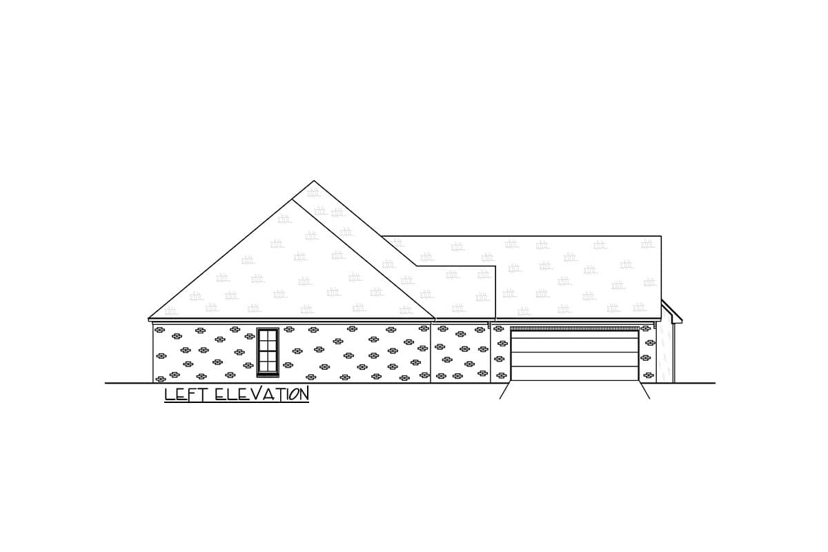 Left elevation of a house plan showing a pitched roof, brick pattern siding, one window, and a two-car garage.