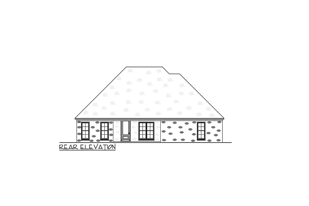 Rear elevation of a house plan with a hipped roof, symmetrical window placement, and a central entry.