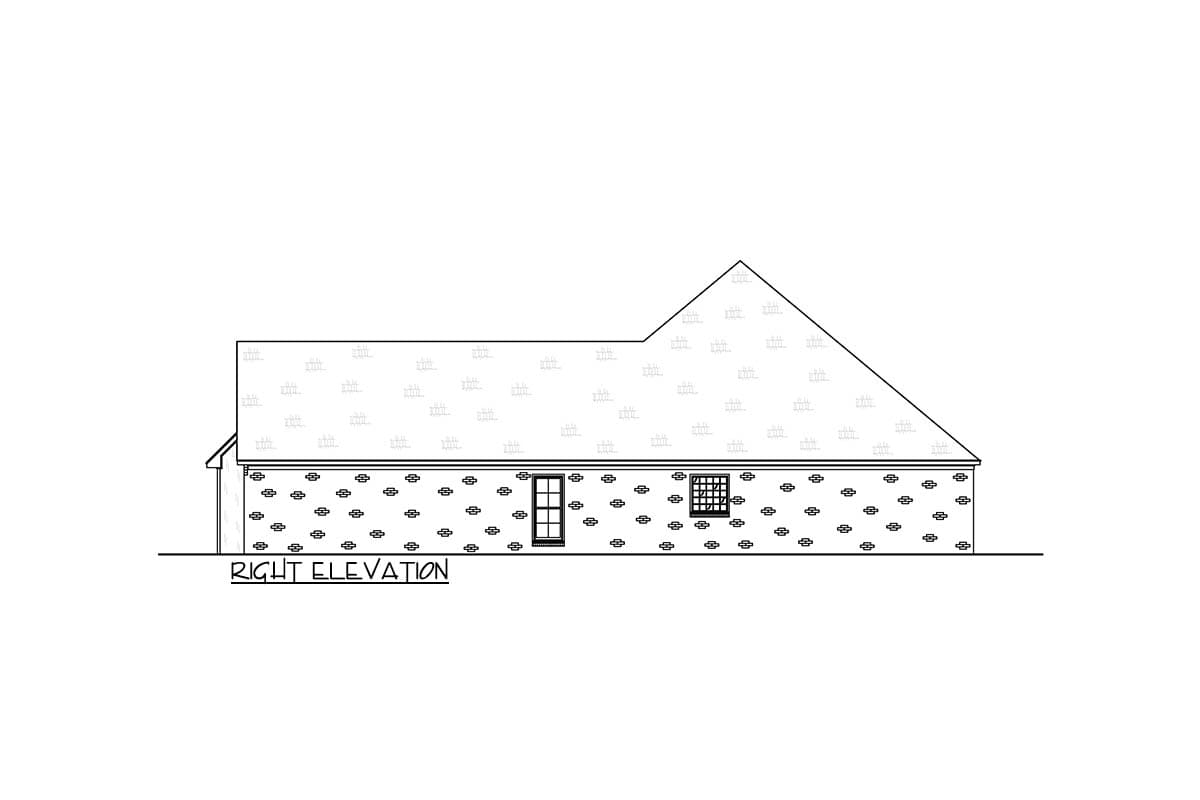 Right elevation drawing of a house plan featuring a pitched roof, brick pattern walls, and two windows.