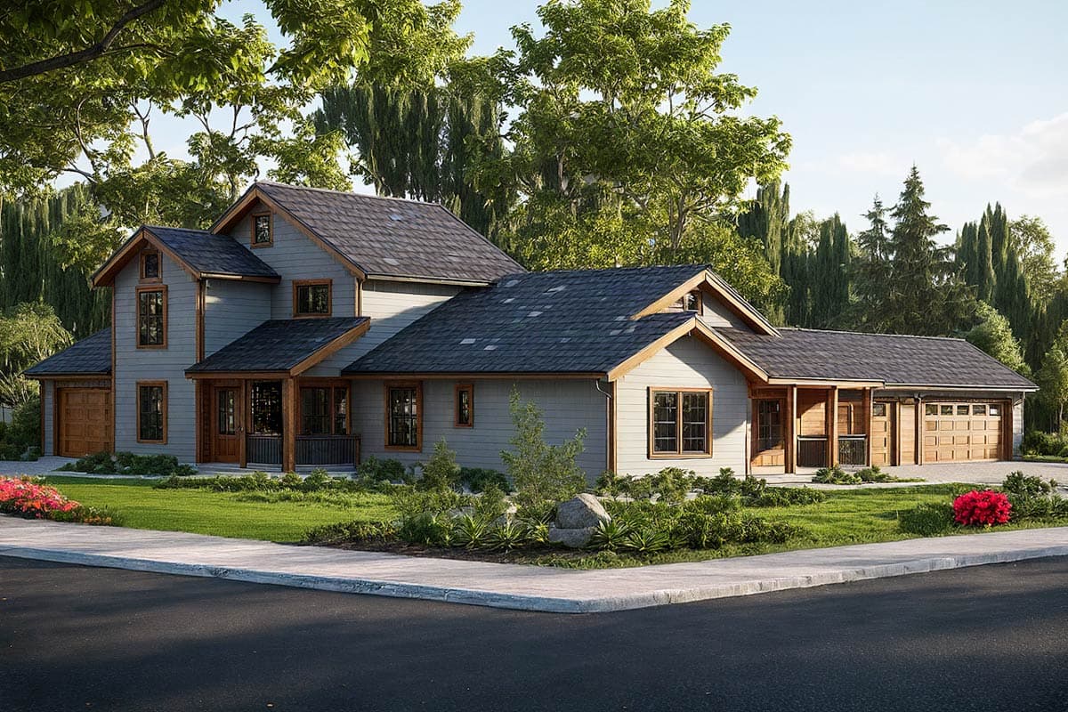 House plan exterior with Craftsman style, two stories, gabled roof, covered porch, and attached garage with wood door.