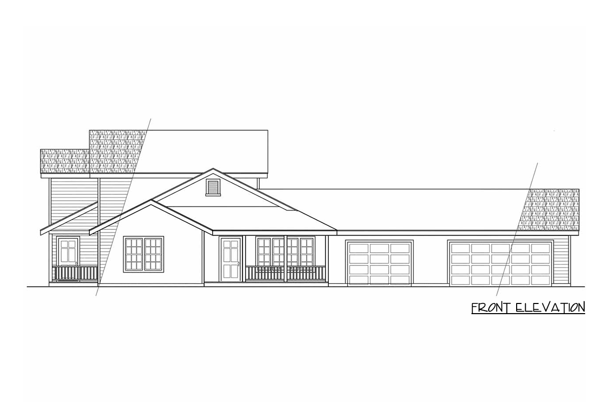 Front elevation drawing of a house plan with a covered porch, gables, and a three-car garage.