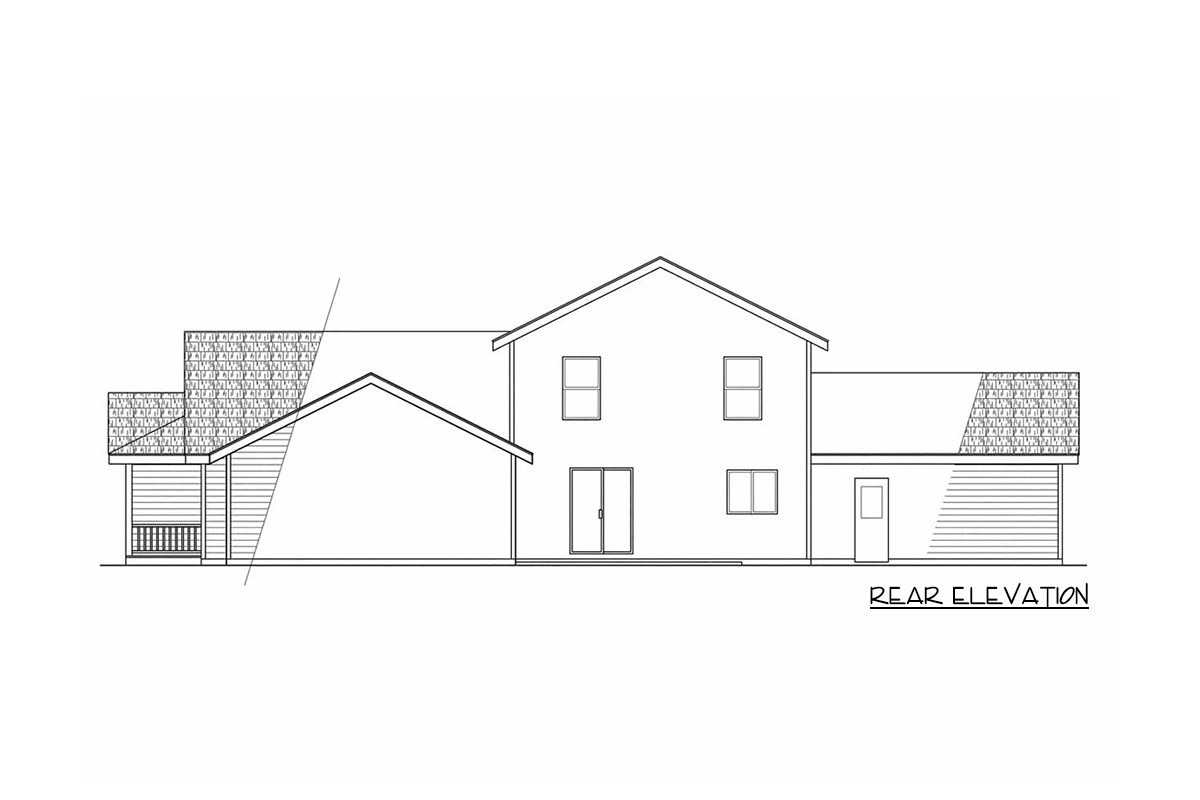 Rear elevation of a two-story house plan featuring a covered porch, multiple gables, double doors, and an attached garage.