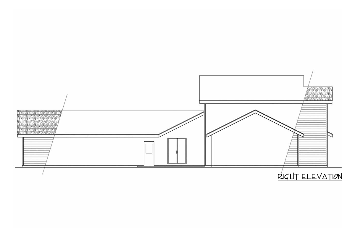 Right elevation of a house plan showing a single-story structure with a garage, pitched rooflines, and double doors.