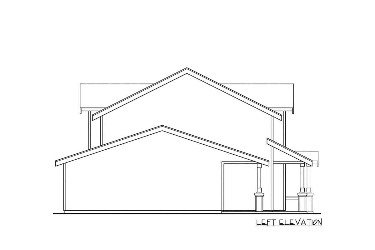 Left elevation drawing of a two-story house plan with multiple gables and a covered porch.