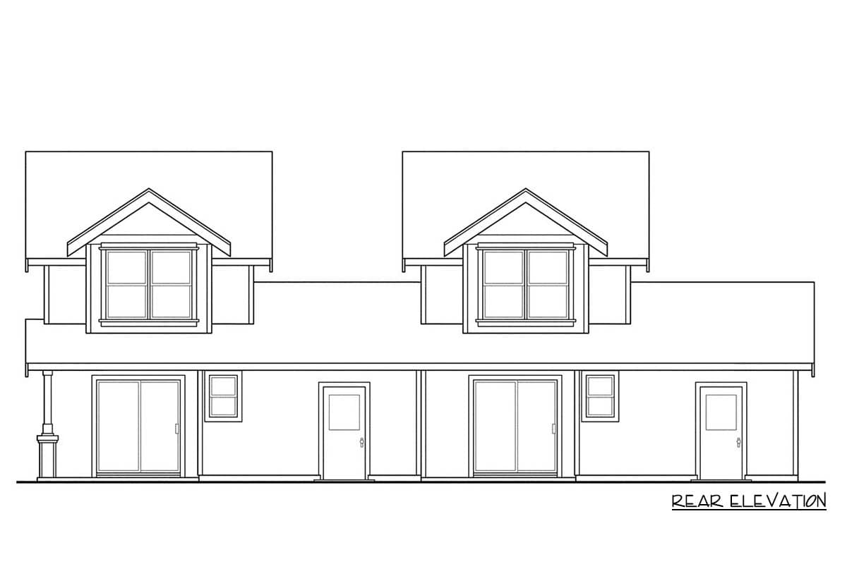 Rear elevation drawing of a two-story house plan with dormer windows and multiple sliding doors and doors on the main level.