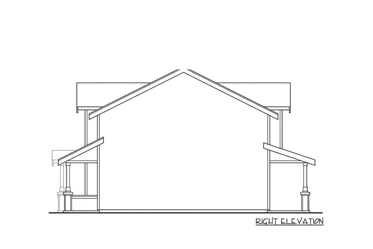 Right elevation house plan drawing showing a pitched roof, gabled dormer, and covered porch with columns.
