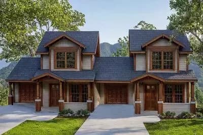 Craftsman Duplex House Plan: 4 Beds, 2 Garages, Covered Patios