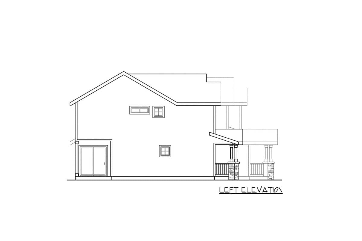 Left elevation drawing of a two-story house with gabled roof, sliding door, windows, and covered porch with stone pillars.