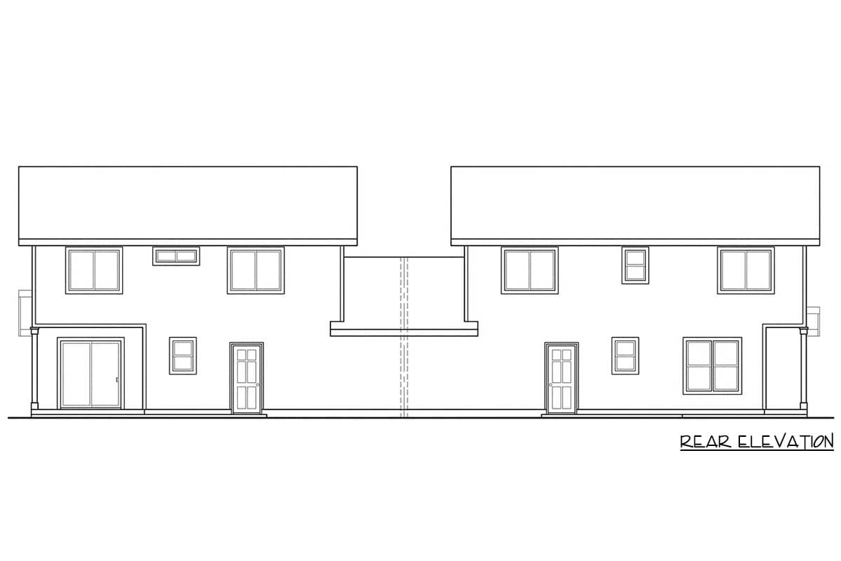 Rear elevation drawing of a two-story duplex featuring multiple windows, sliding doors, and entry doors.