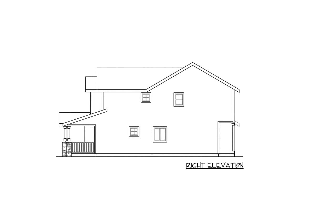 Right elevation drawing of a two-story house plan with a covered porch and multiple windows.