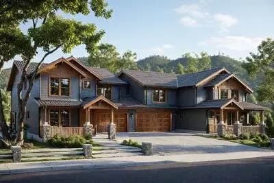 Inviting 8-Bedroom Craftsman Duplex House Plan with Dual Garages and Covered Porches