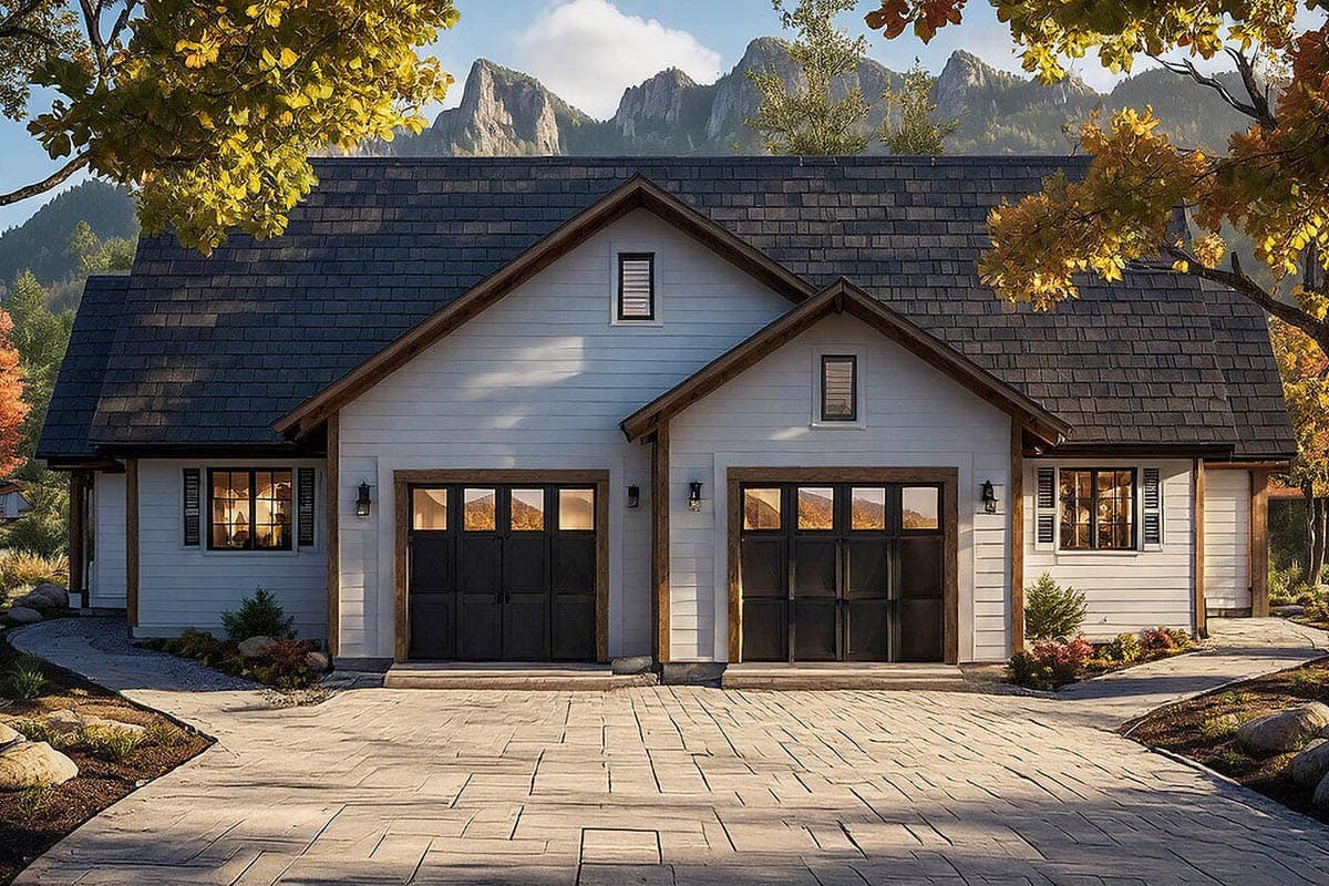 House plan exterior with two-car garage. Features include board-and-batten siding, gable rooflines, and dormer windows. Craftsman style evident.