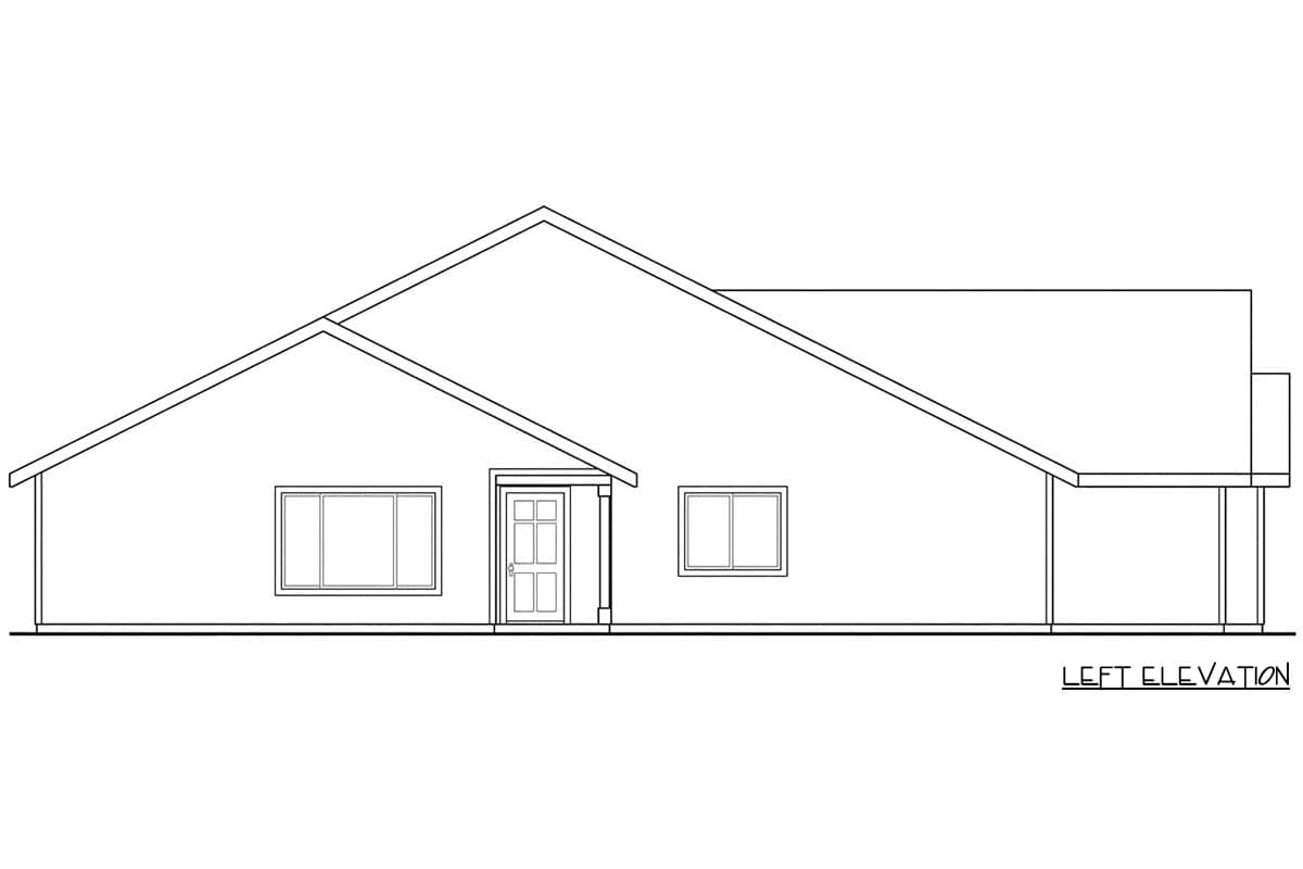 Left elevation drawing of a single-story house plan with a prominent asymmetrical roofline, entry porch, and attached carport.