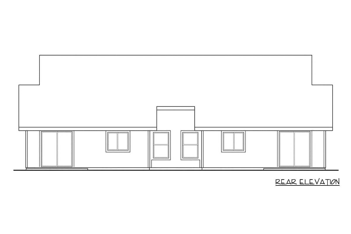 Rear elevation drawing of a house plan, showing a hipped roofline with a central dormer and multiple windows.