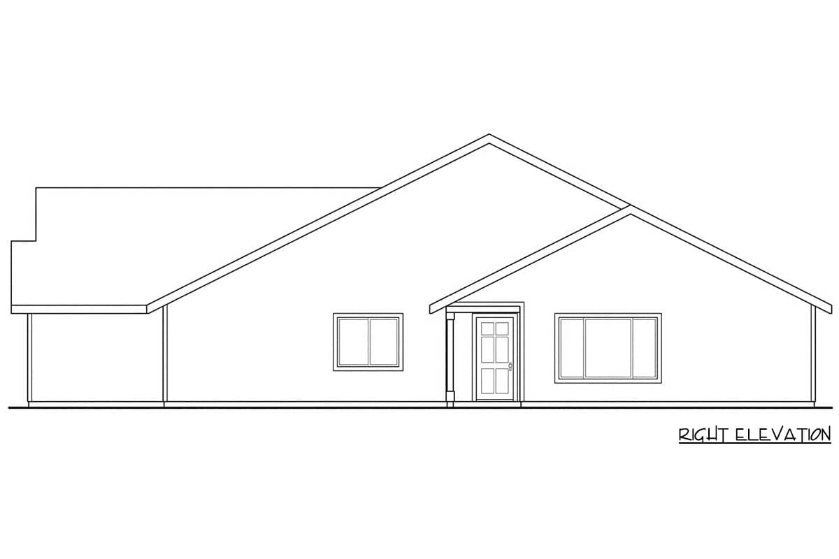 Right elevation house plan showing a single-story home with a covered entry, two windows, and a side-facing garage.