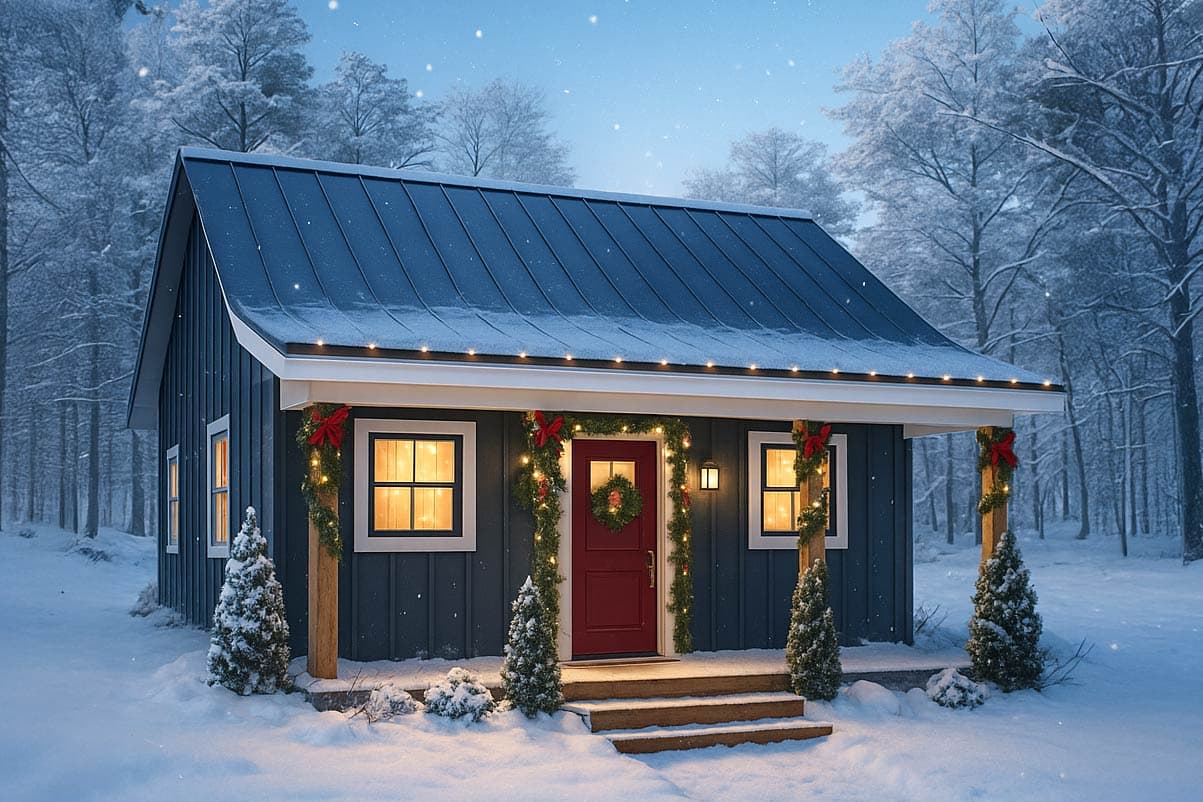 A snowy cottage with a red door and Christmas decorations, surrounded by a winter forest. Lights twinkle above the porch, and snow falls gently.