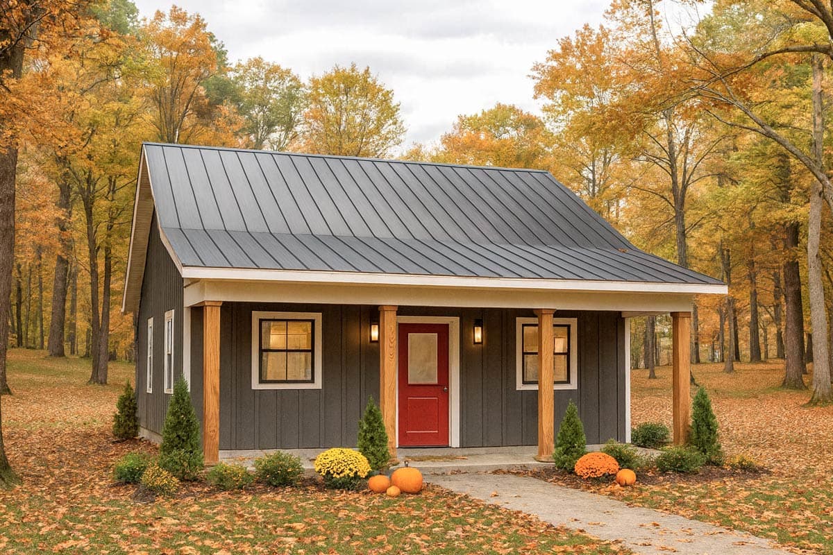 Cozy cabin with a dark gray roof and red door surrounded by fall foliage, pumpkins, and evergreens, situated on a stone path.