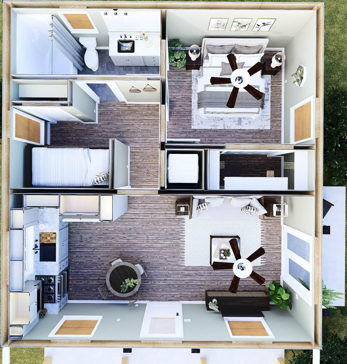 An overhead view of a home floor plan, showcasing bedrooms, bathrooms, a kitchen, and a living area with detailed furniture arrangements.