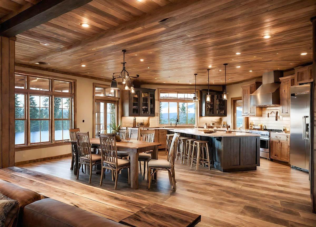 Open concept dining and kitchen area with wood plank ceiling, island with seating, and large windows with mountain views.