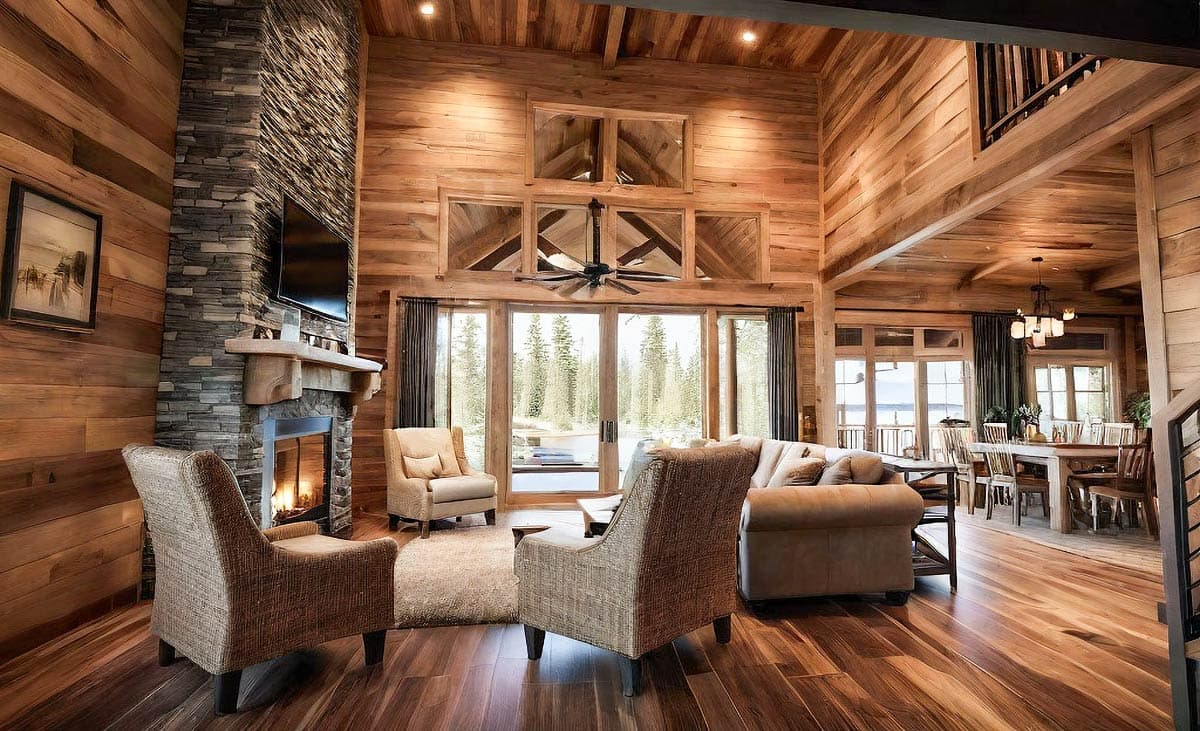 Interior view: Living room with stone fireplace, vaulted wood-paneled ceiling, and large windows overlooking trees.