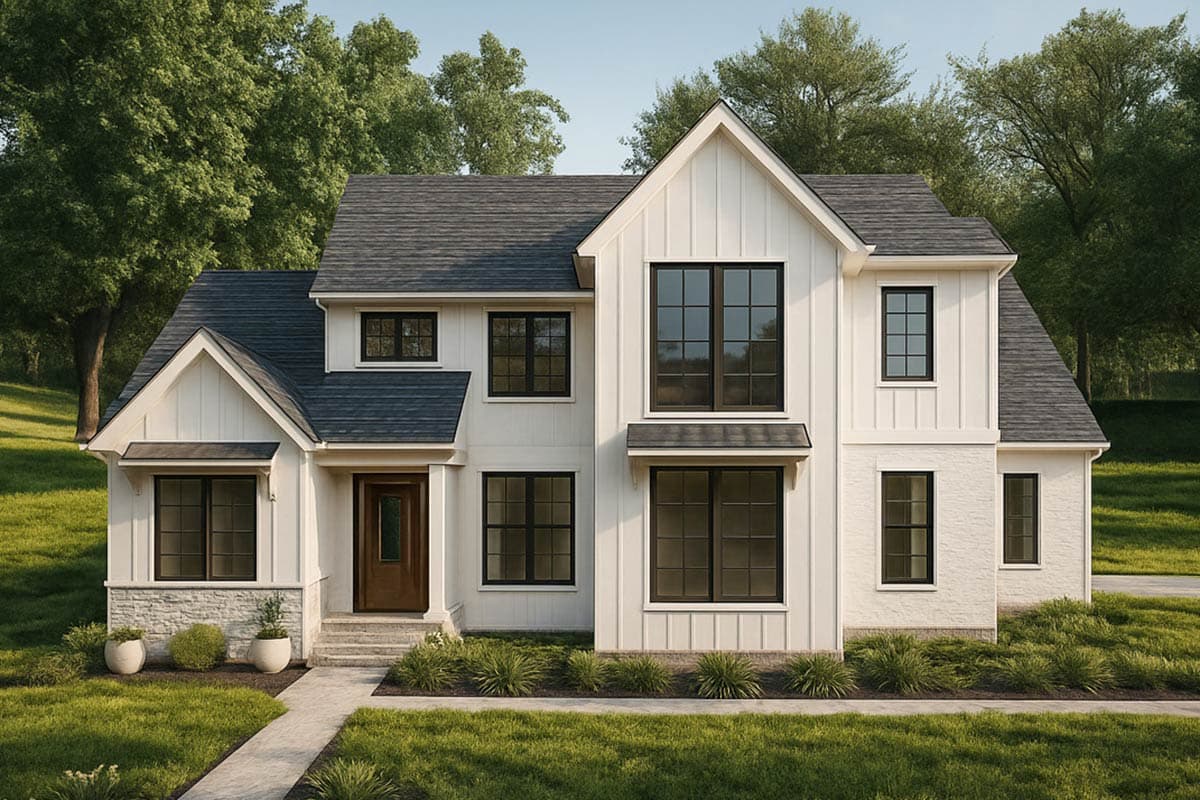House plan exterior. Two-story Modern Farmhouse with gables, dark window frames, and a covered front entry porch.