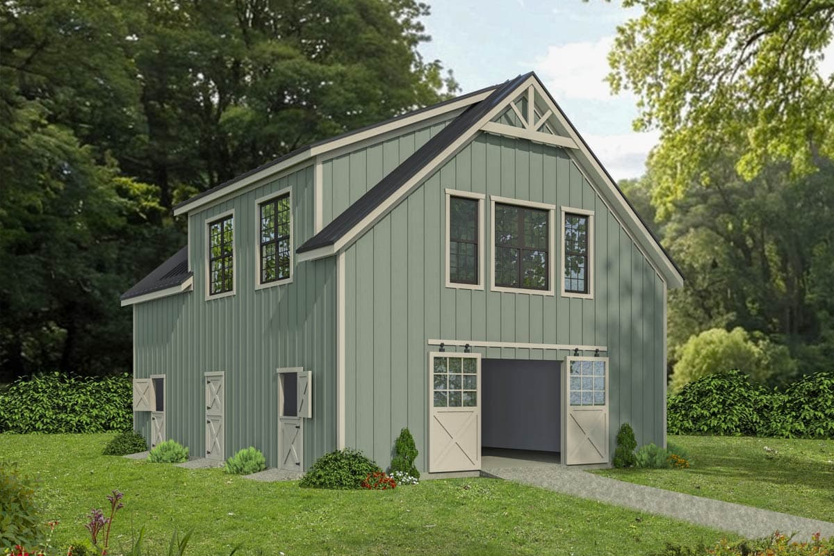 House plan exterior. Two-story barn style building with a gable roof, two sets of windows, and sliding barn doors opening to the garage.