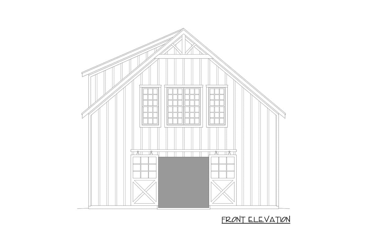 Front elevation drawing of a barn-style house with a large central opening and multiple windows.