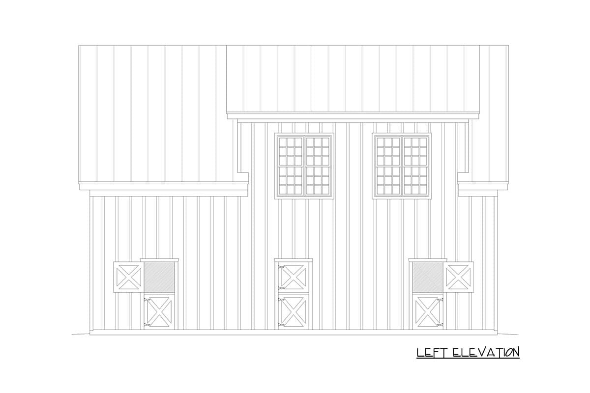 Left elevation house plan showing vertical siding, two upper windows, and three lower doors with X-pane detailing.