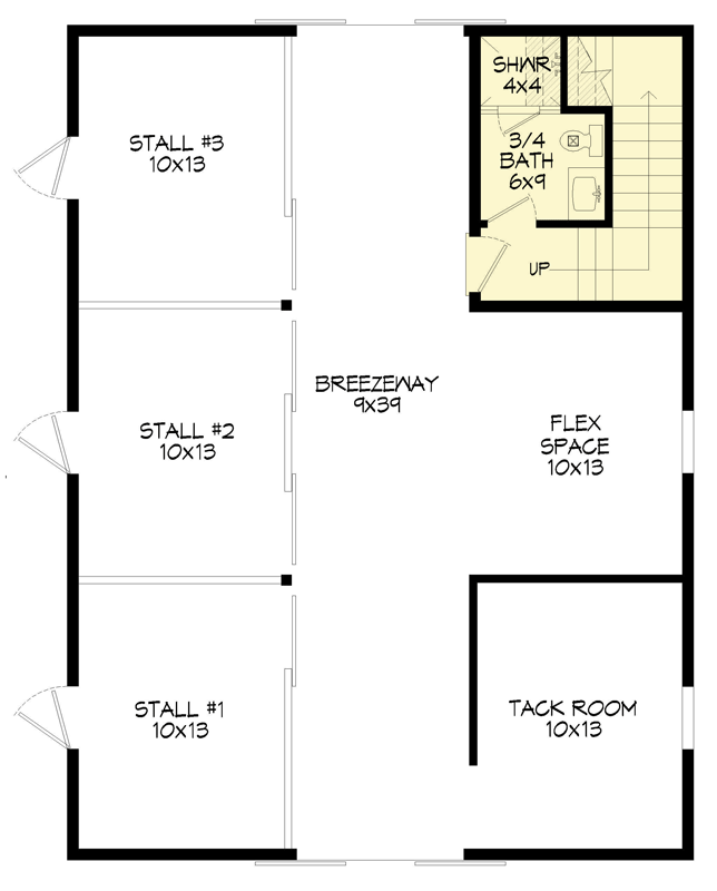 Plan 680607VR: Country Barn House Plan with 1230 Sq Ft, Flex Room and Office - Floor Plan - Main Level - Country