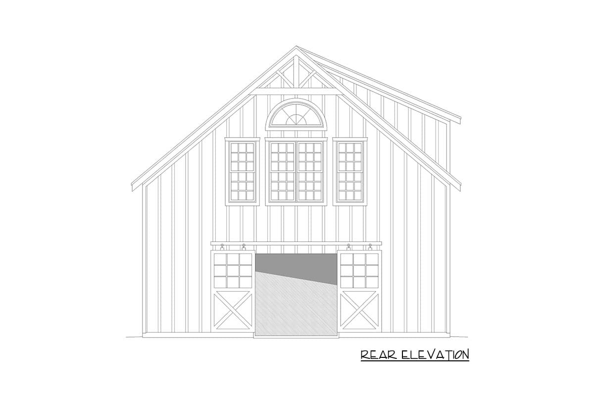 Rear elevation drawing of a barn-style house plan with gabled roof, multiple windows, and double sliding barn doors.