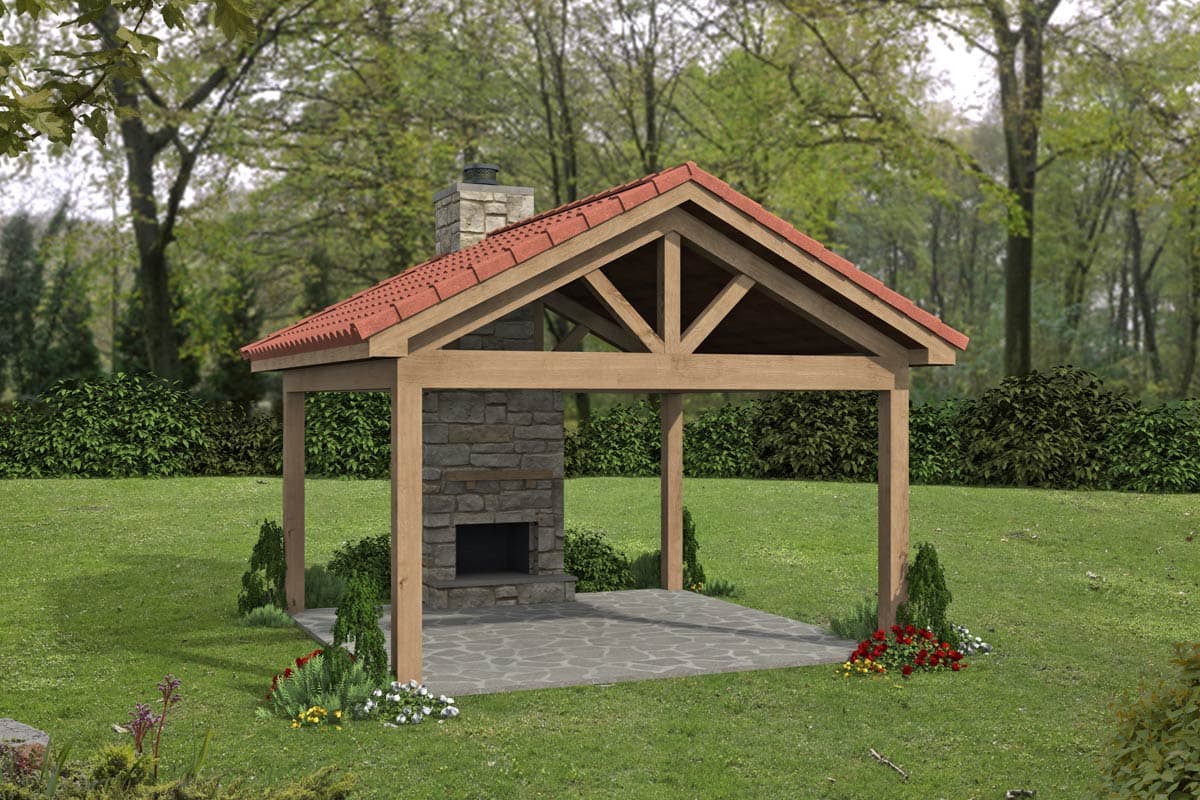 Exterior view of a pavilion with a gabled roof, stone fireplace, exposed wooden beams, and a tile roof. A patio is visible.