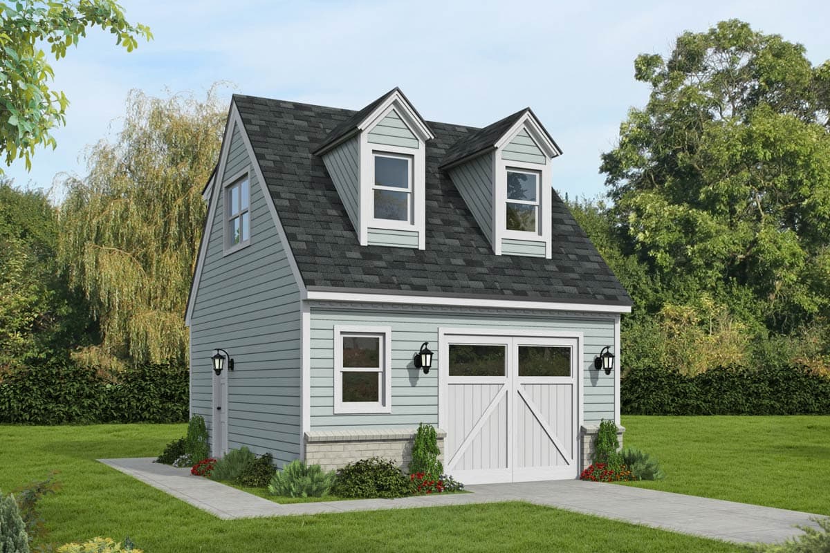 House plan exterior with two stories, gabled roof, dormers, and a two-car garage. Features light blue siding and dark roof shingles.