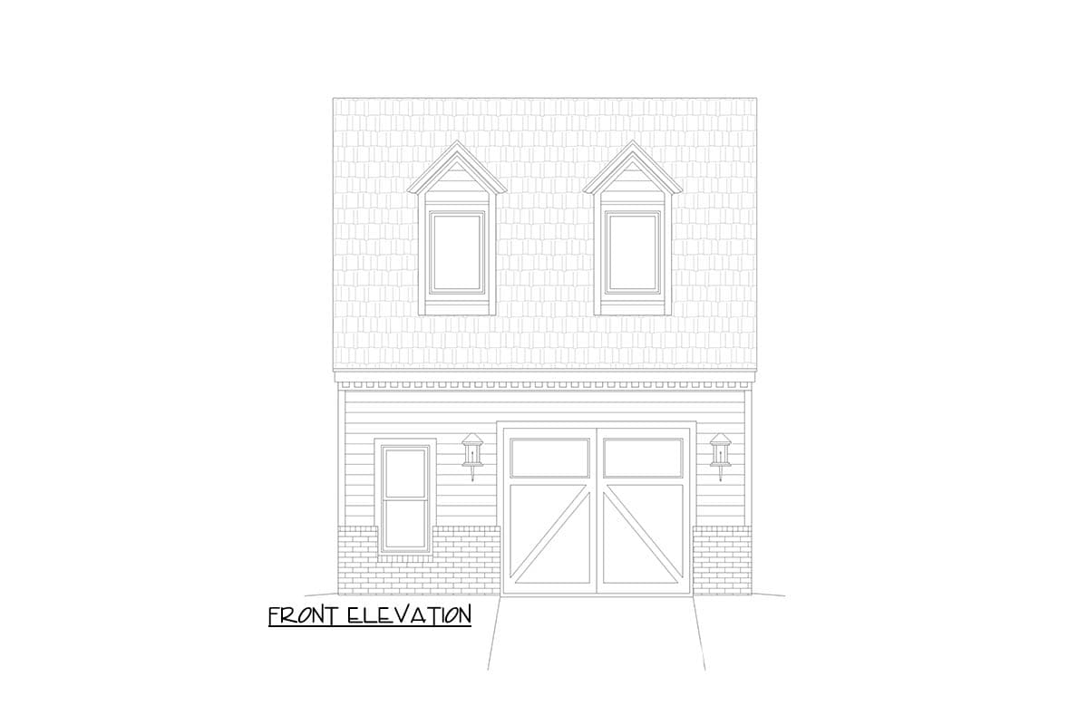 Front elevation house plan drawing with a two-story garage, gable dormers, and a single garage door.