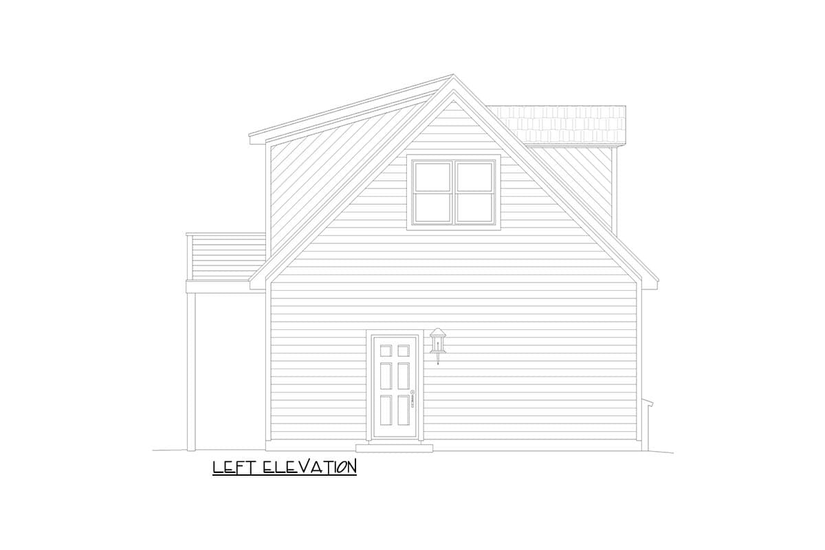 Left elevation drawing of a two-story house plan with a metal shed roof, gable dormer, and a small balcony.