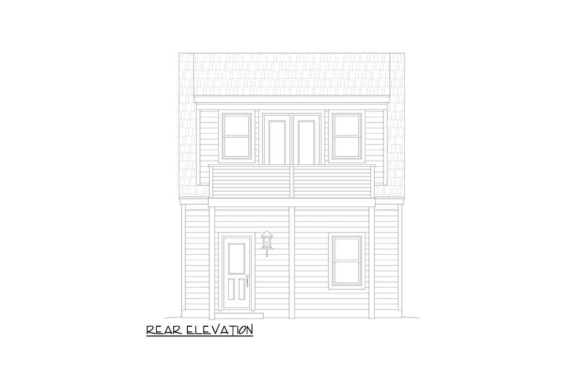 Rear elevation house plan drawing showing a two-story home with a central balcony, double doors upstairs, and a single door below with a window.