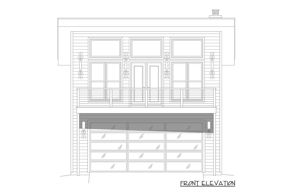 Front elevation drawing showing a modern house with a two-car garage, balcony, and multiple windows.