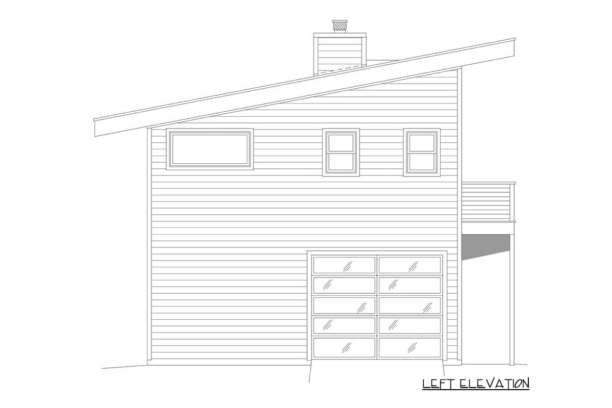 Left elevation drawing of a house plan with horizontal siding, a sloped roof, garage door, windows, deck, and chimney.