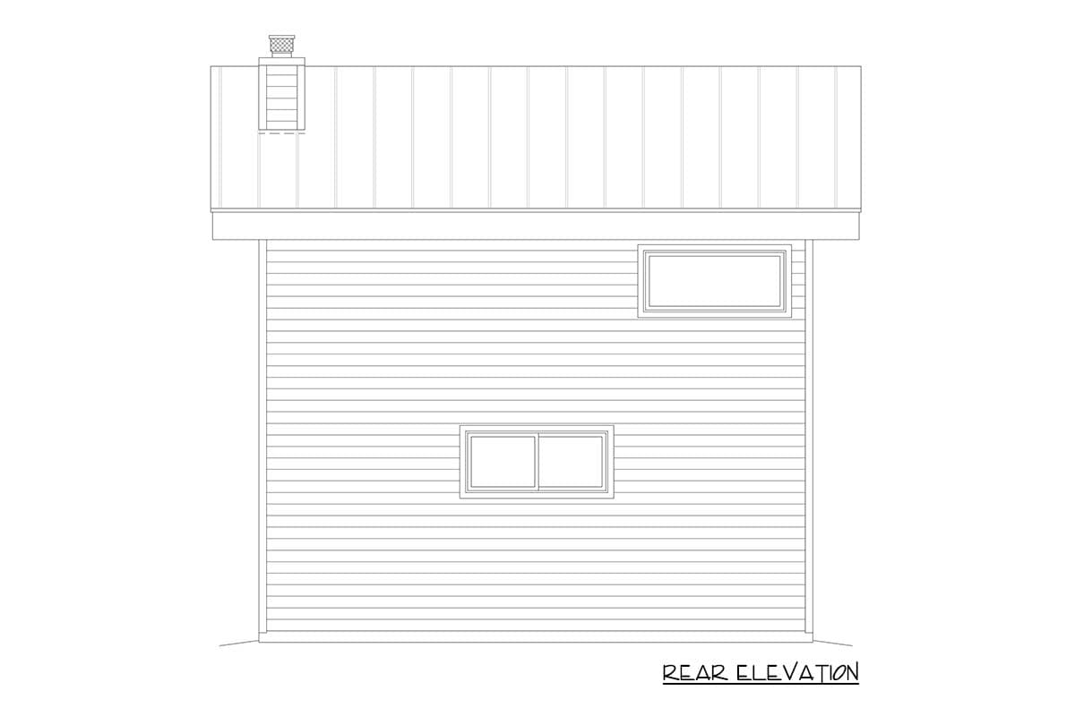 Rear elevation drawing of a house with horizontal siding, a metal roof, a chimney, and two rectangular windows.