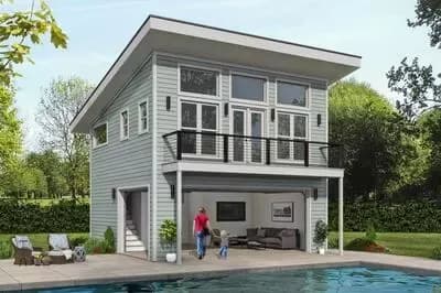 Two-Story Modern Pool House with Flex Space and Balcony